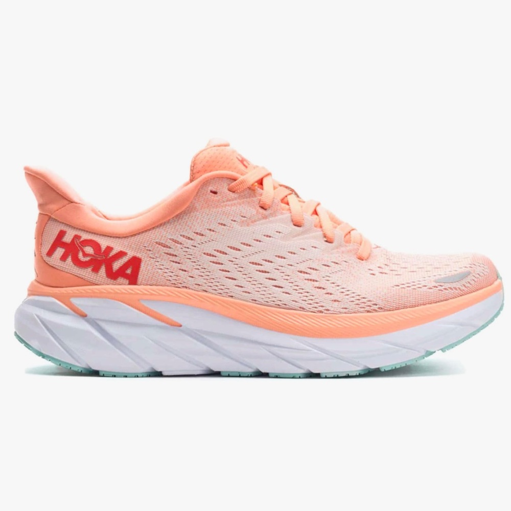 HOKA ONE ONE Womens Clifton 8 Mesh Cantaloupe Silver Peony Trainers Size 9.5